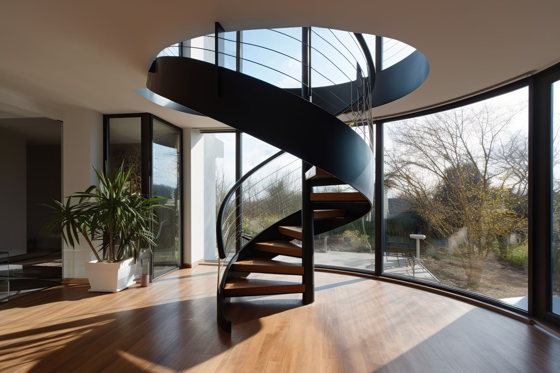 Escalier en colimaçon avec rampe noire et marches en bois dans une pièce lumineuse et moderne avec de grandes fenêtres.