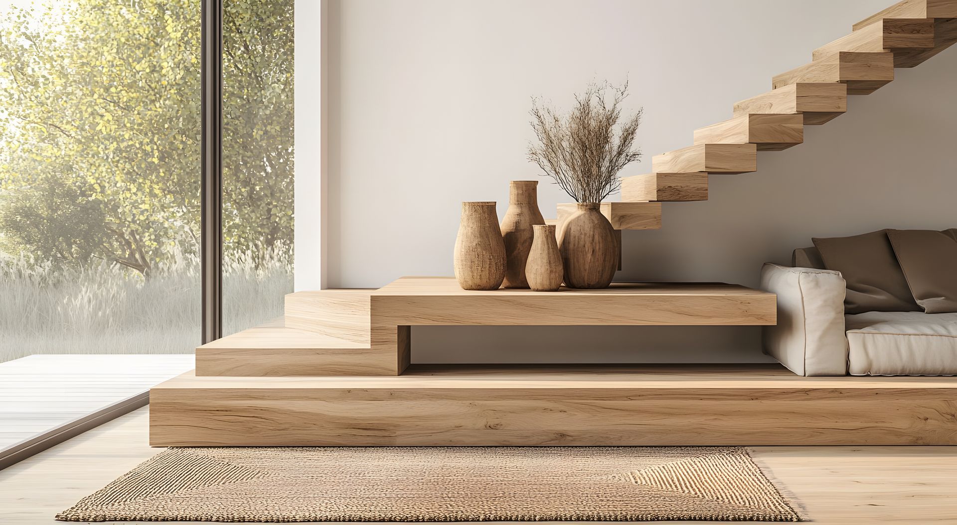 Escalier en bois et plateforme avec vases et canapé, à côté d'une grande fenêtre avec vue extérieure.