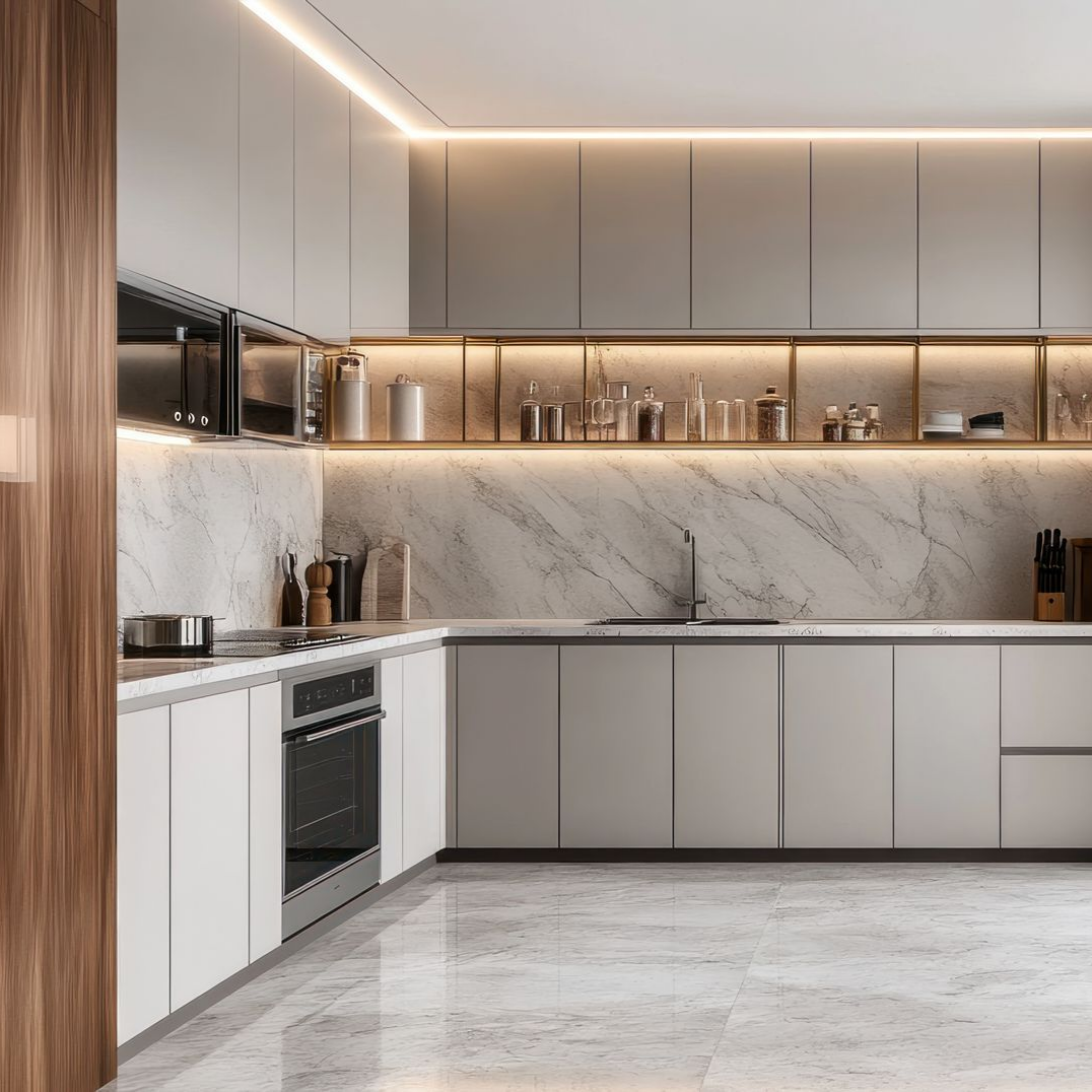 Cuisine moderne avec armoires blanches, dosseret en marbre, appareils électroménagers en acier inoxydable et éclairage chaleureux.