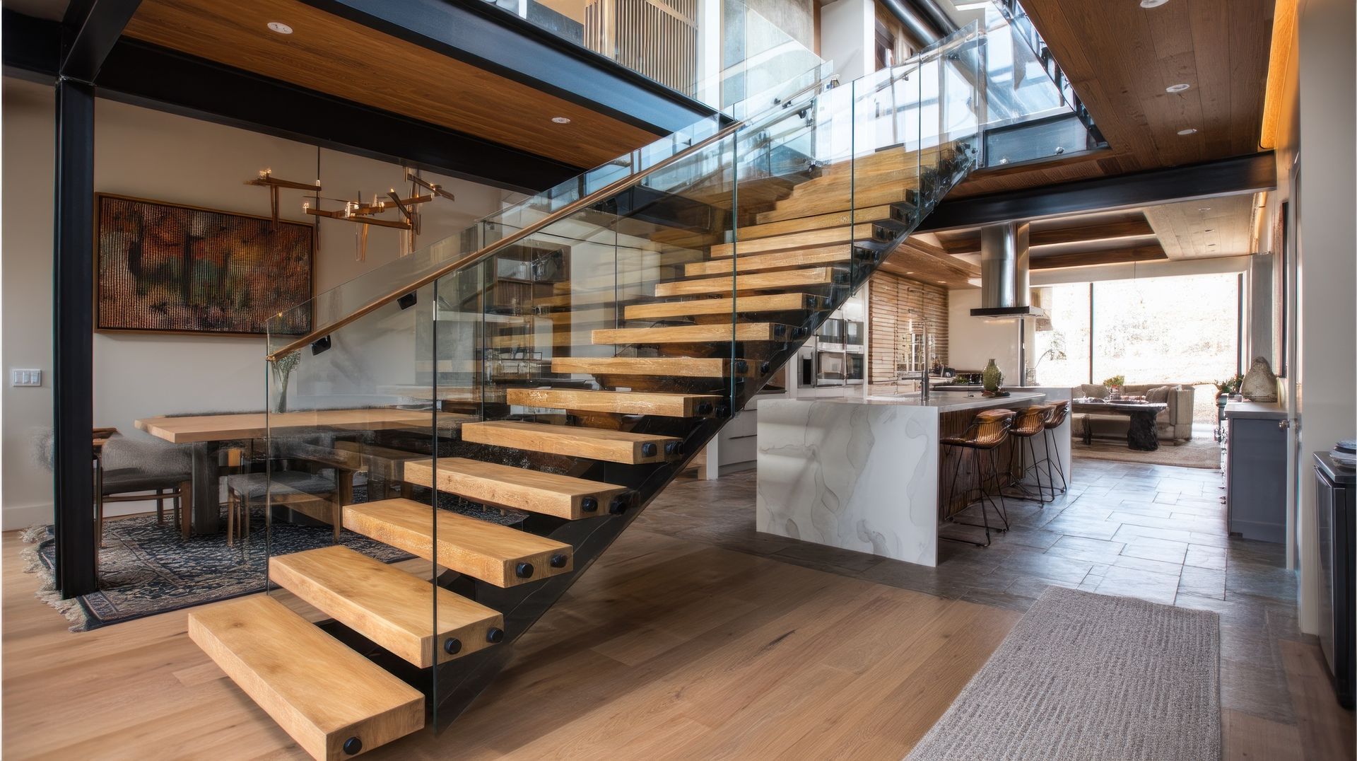 Escalier en bois avec garde-corps en verre, ouvert sur une cuisine et un coin repas.