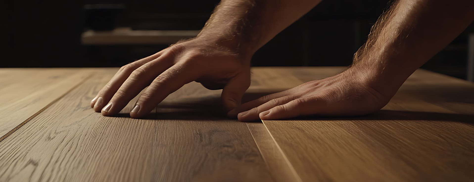Mains touchant une table en bois, gros plan. Éclairage et textures chaleureux.