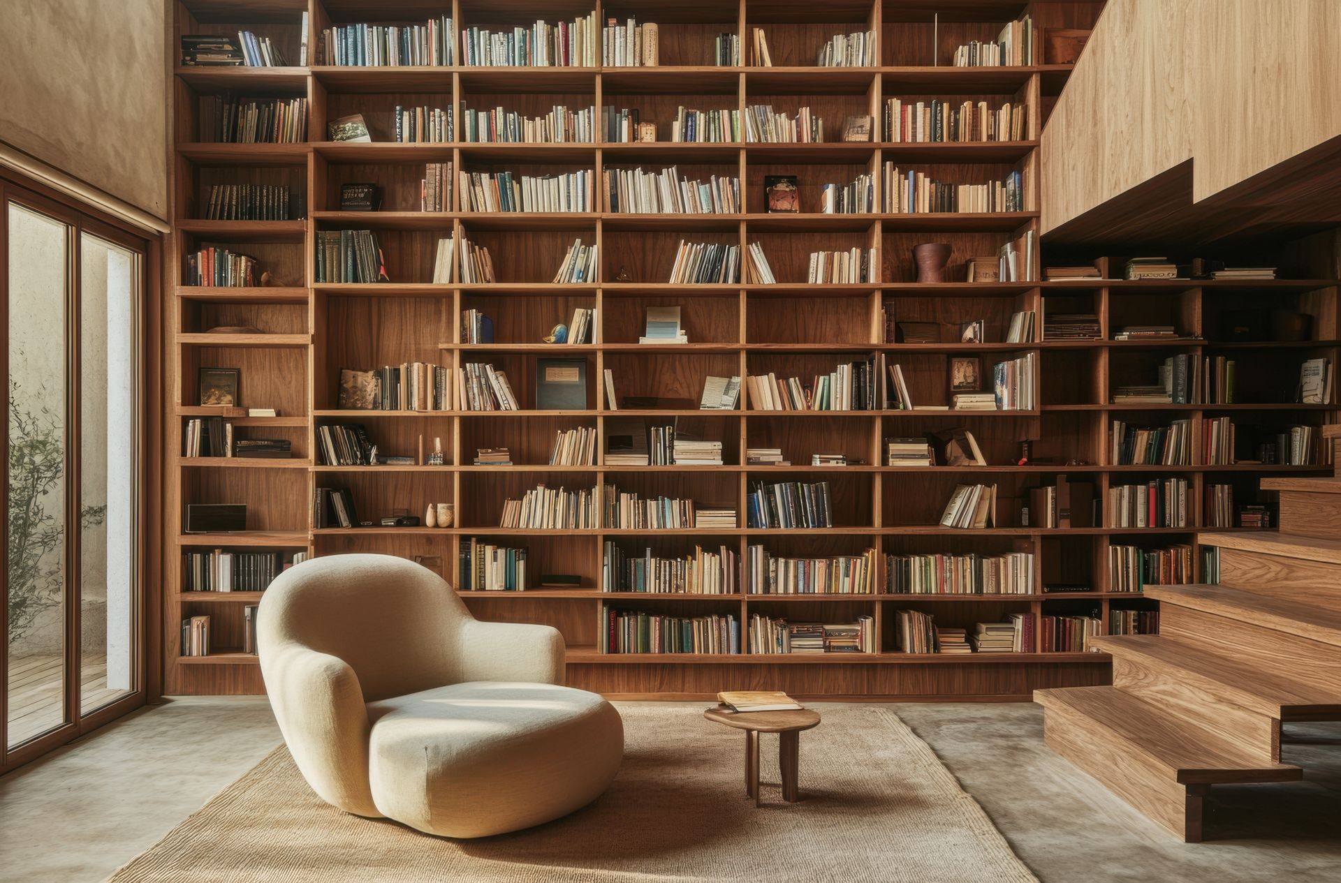 Bibliothèque confortable avec de grandes étagères en bois, un fauteuil et une petite table d'appoint.