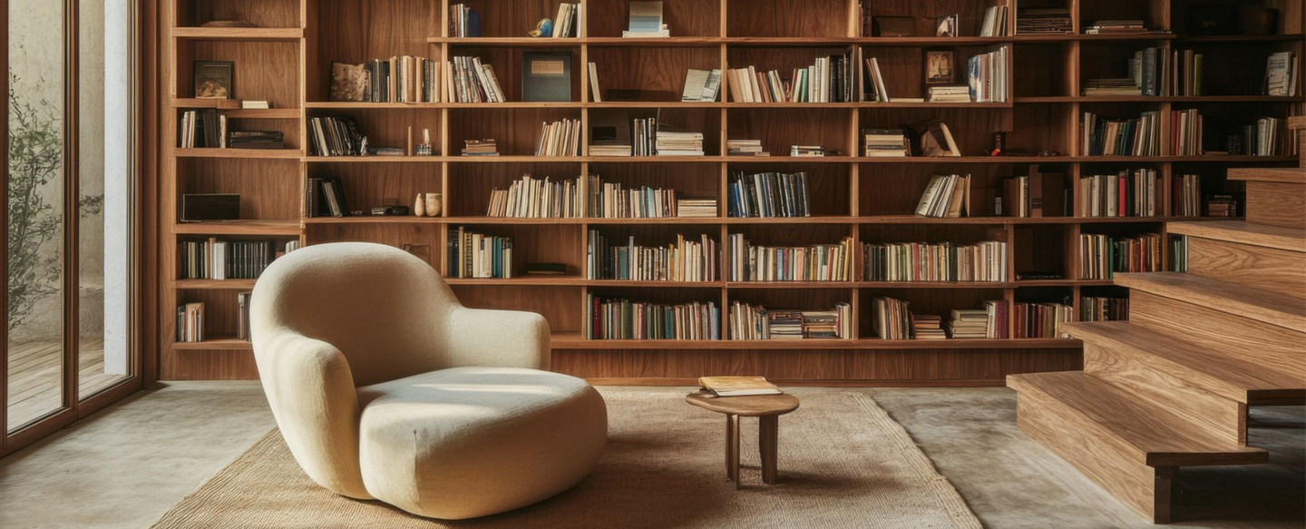 Pièce de lecture avec fauteuil et bibliothèque