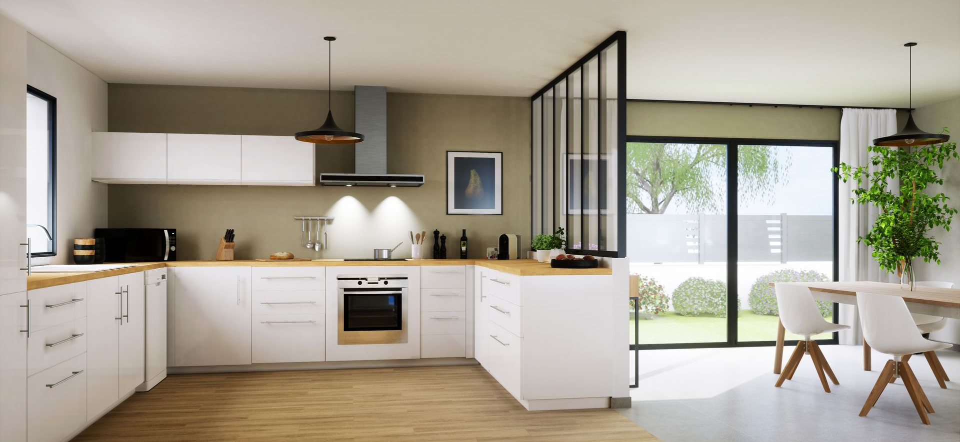 Cuisine blanche moderne avec comptoirs en bois, hotte en acier inoxydable et coin repas avec de grandes fenêtres.