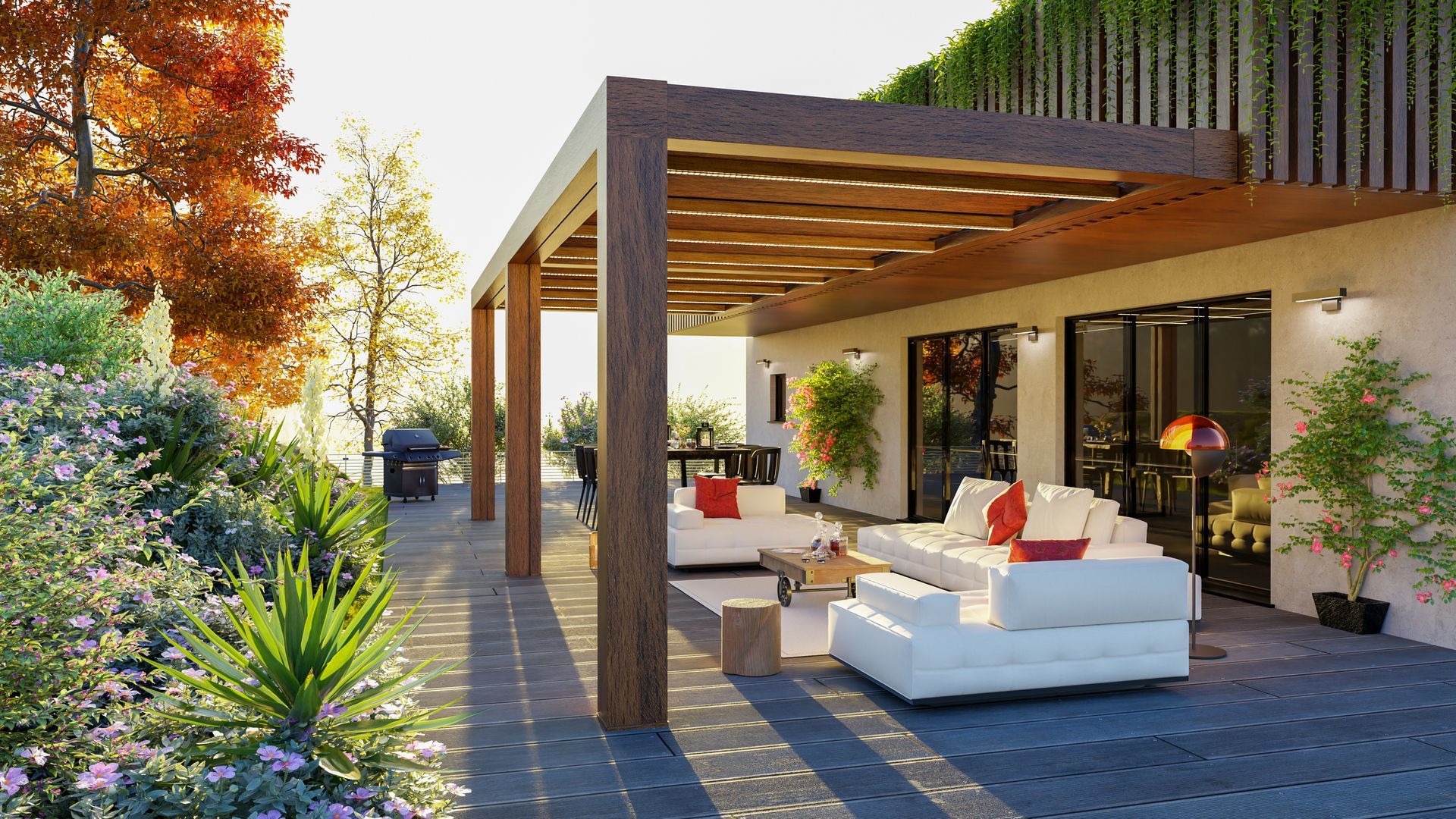 Terrasse extérieure avec pergola, canapés blancs, barbecue et verdure luxuriante.