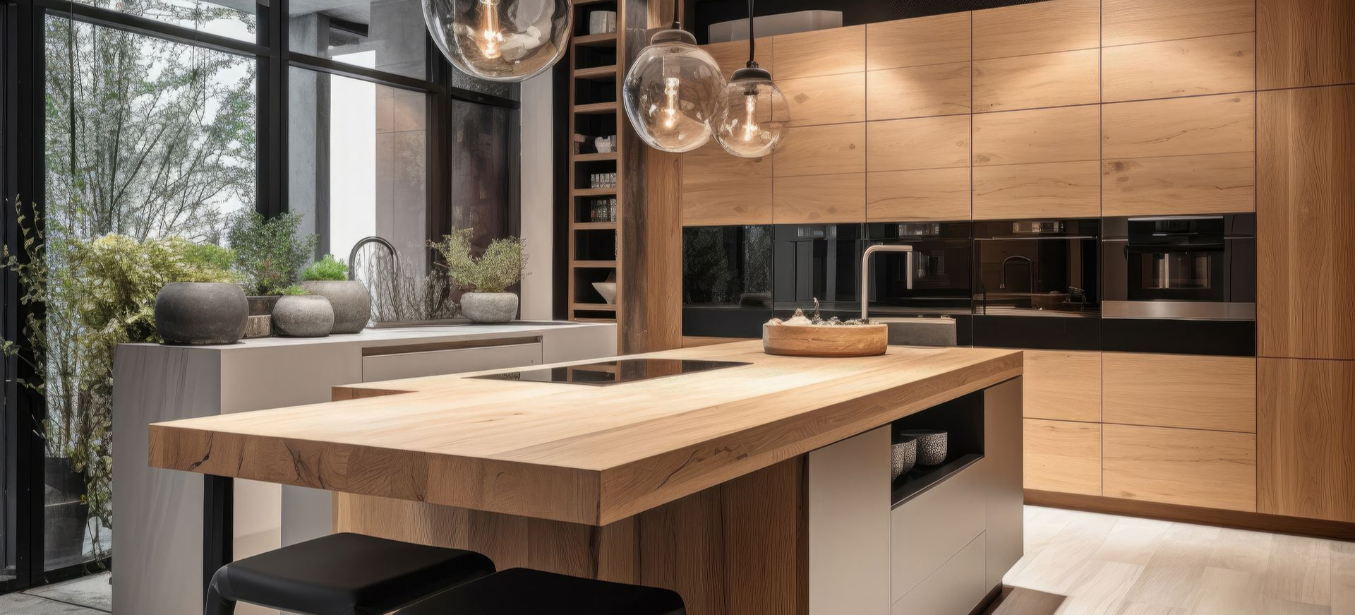 Cuisine moderne avec armoires en bois, îlot et grandes fenêtres, avec globes lumineux suspendus.
