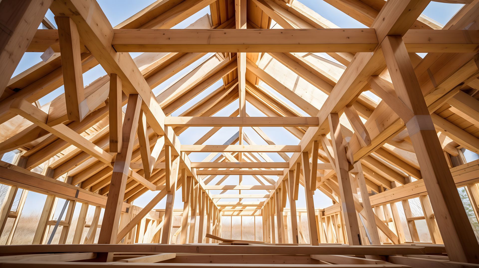 Vue intérieure d'une maison à ossature en bois en construction ; poutres et chevrons sont visibles.