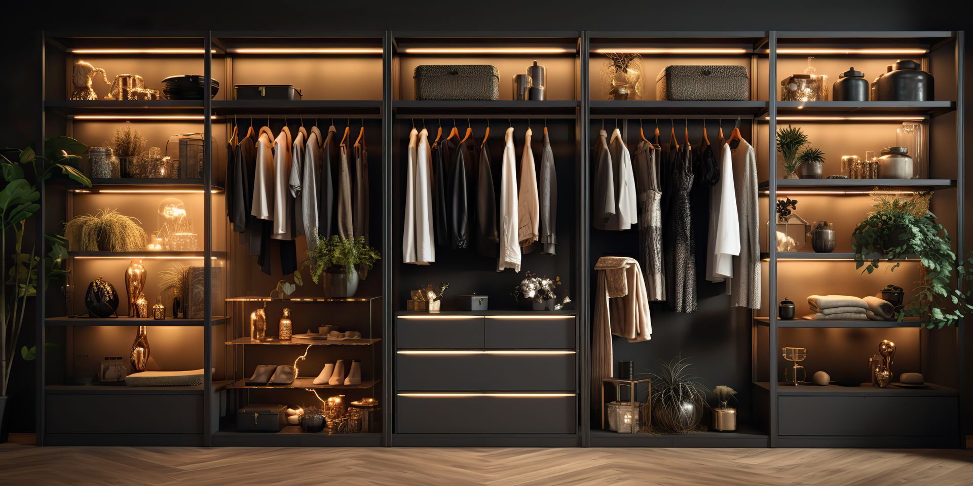 Dressing sombre et luxueux. Vêtements suspendus, étagères décoratives et éclairage intégré. Noir, or et tons neutres.