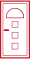 Porte, contour rouge, sommet arqué, trois carrés, barre horizontale pour poignée.