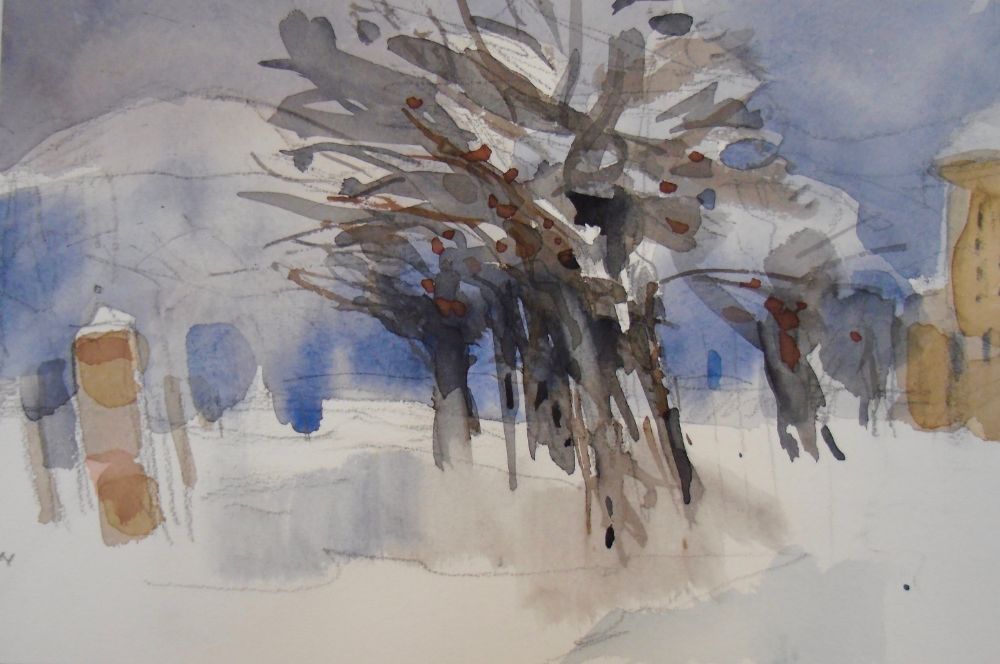 Aquarell schneebedeckter Baum Knut V. Neumann