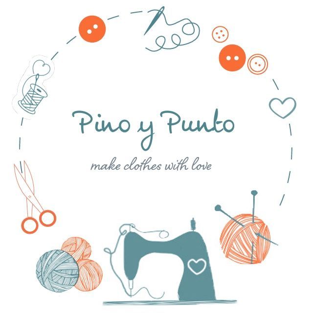 Logotipo para Pino y Punto: Herramientas de costura y círculo de hilo alrededor del texto "Pino y Punto hace ropa con amor".