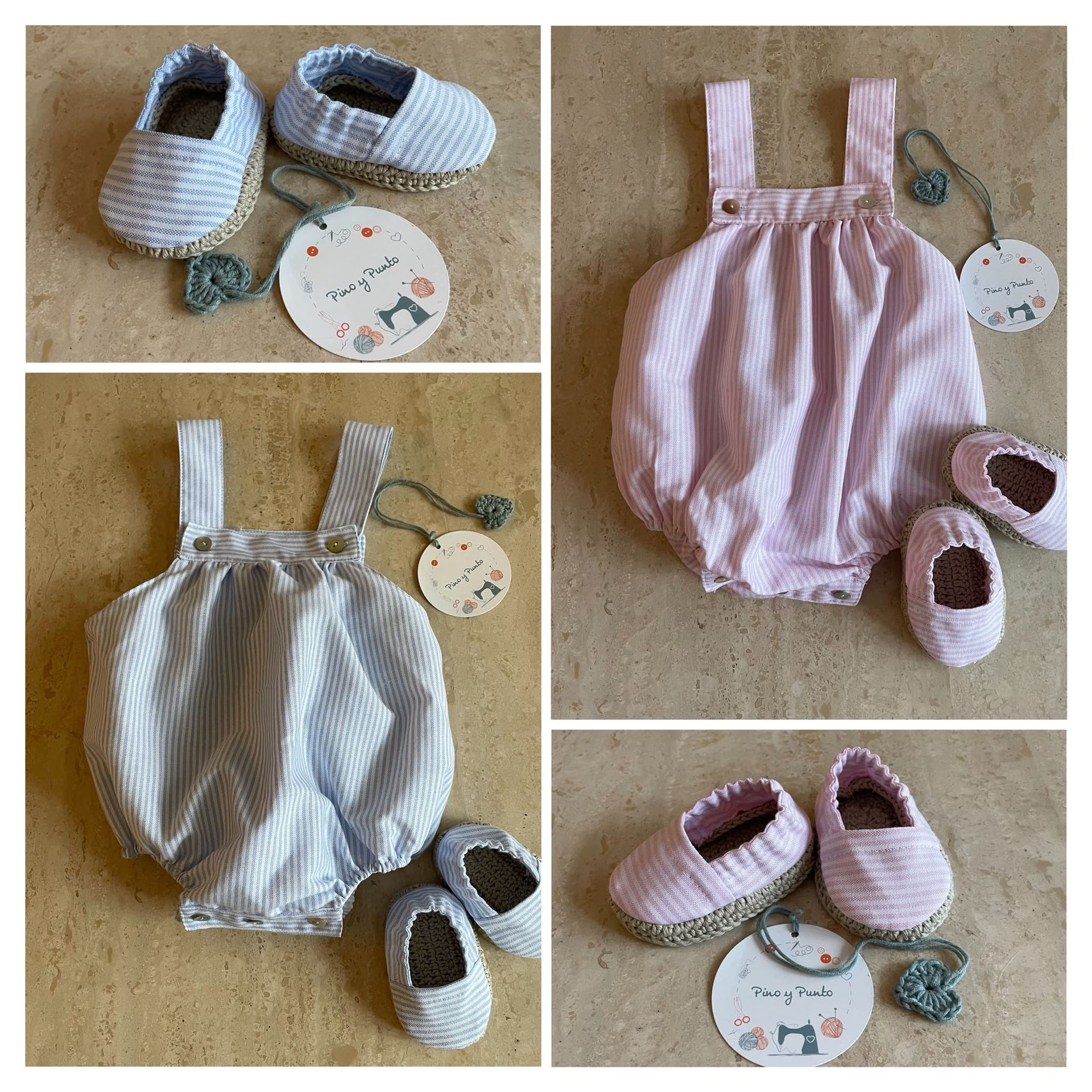 Cuatro pares de alpargatas de bebé con culottes estampados, cada uno de un color diferente.
