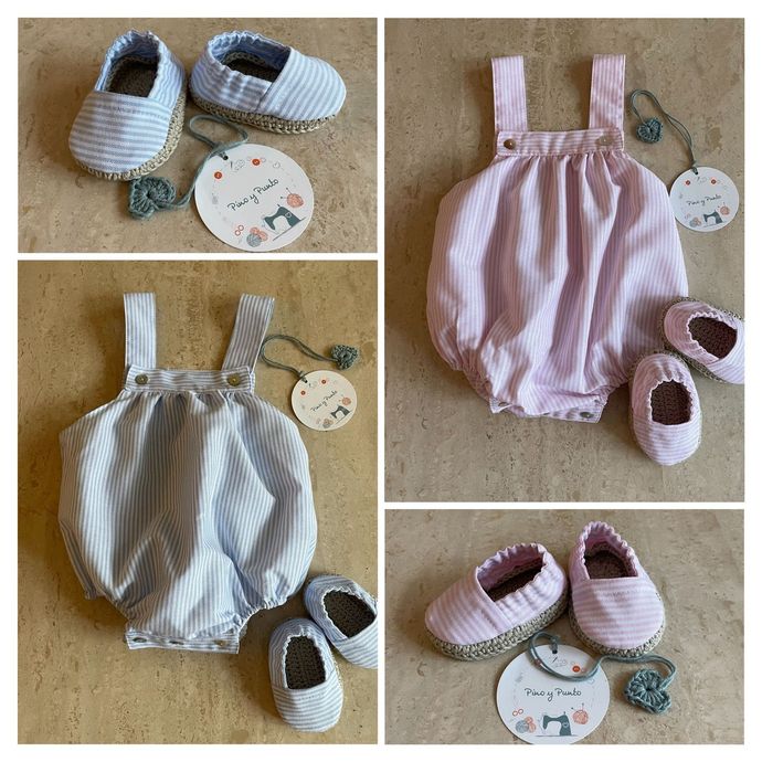 Cuatro pares de alpargatas de bebé con culottes estampados, cada uno de un color diferente.