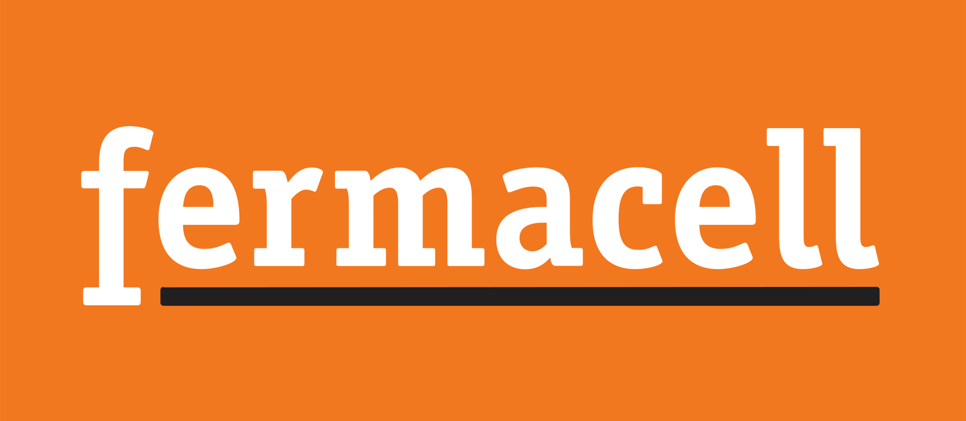 Logotipo de fermacell con texto blanco sobre fondo naranja; una línea negra subraya el texto.