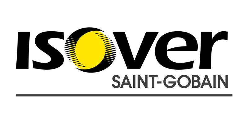 Logotipo de Isover Saint-Gobain. Texto negro sobre un círculo amarillo y fondo blanco.