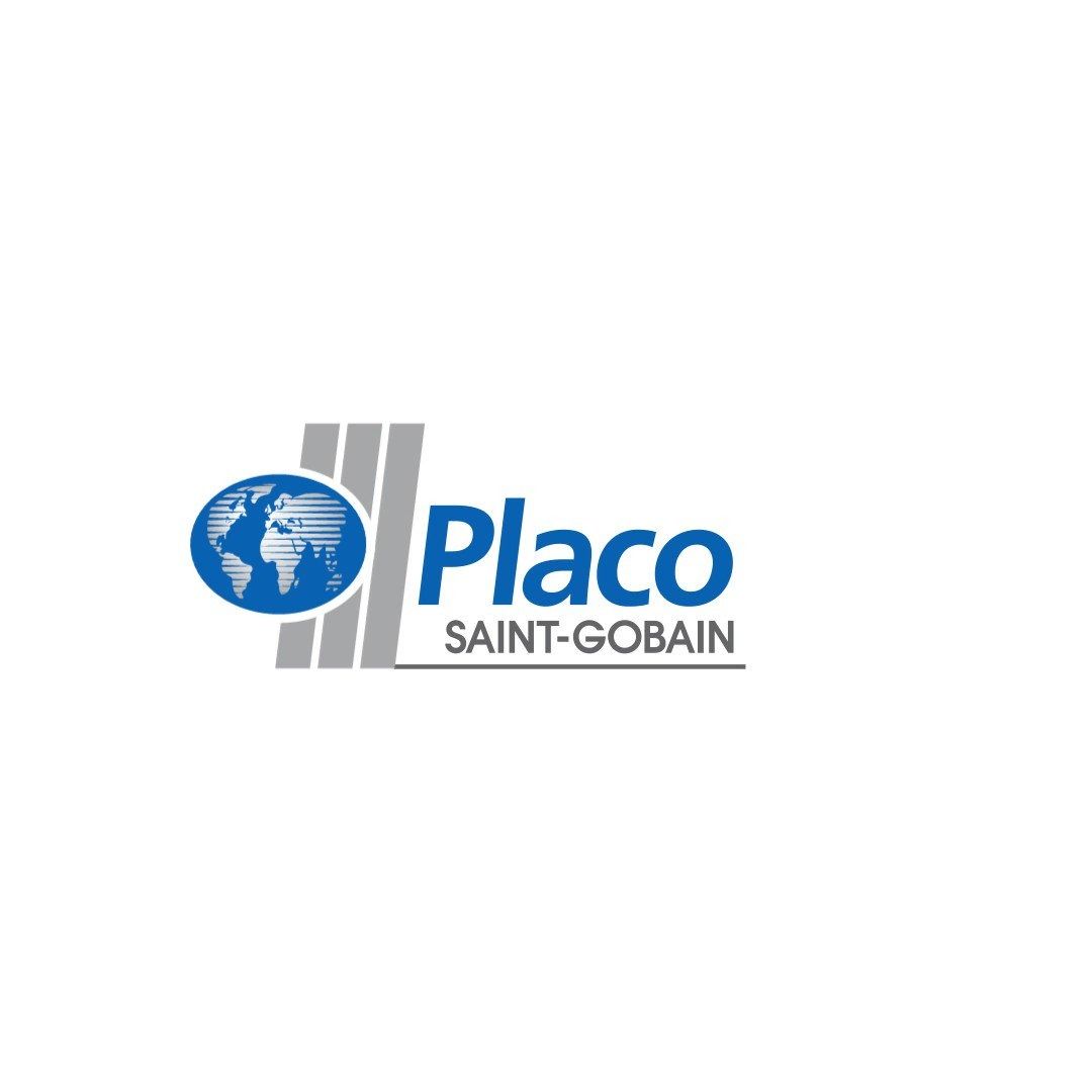 Logotipo de Placo Saint-Gobain: globo azul, barras grises y nombre de la empresa en texto azul.