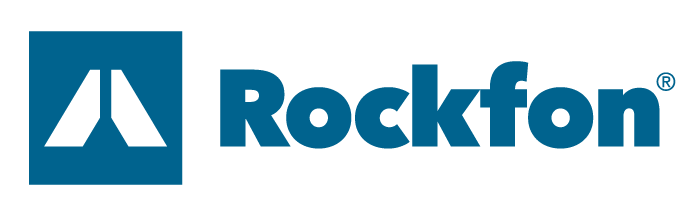 Logotipo de Rockfon: cuadrado azul con diseño abstracto blanco, junto a la palabra 