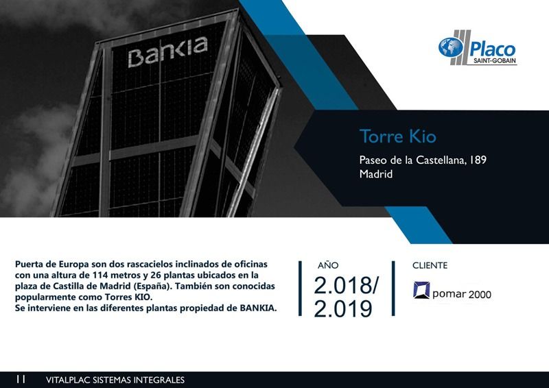 Torre Kio, Madrid: Fachada de edificio con logotipo de Bankia; proyecto de Placo, finalizado 2018-2019.