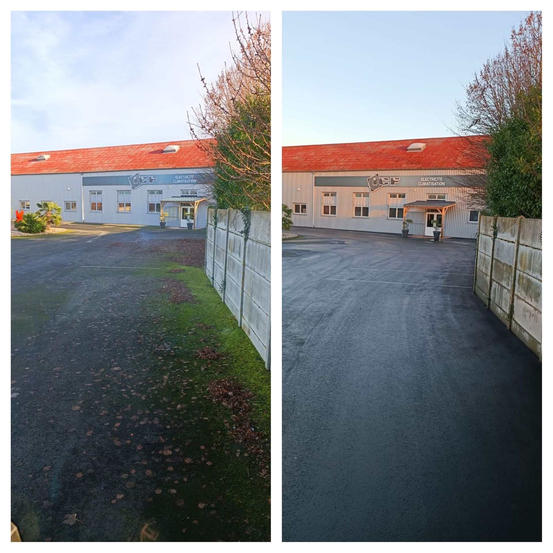 Deux images, avant et après le nettoyage d'un parking