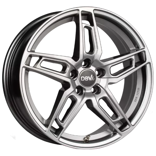 Silberne Leichtmetallfelge mit fünf Speichen, schwarzem Innenrand und DBV-Logo.