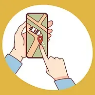 Manos sosteniendo el teléfono con la aplicación de mapas, el pin de ubicación resaltado, el ícono del automóvil.