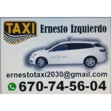 Tarjeta de taxi con un coche blanco. Nombre: Ernesto Izquierdo. Correo electr&oacute;nico y n&uacute;mero de tel&eacute;fono.