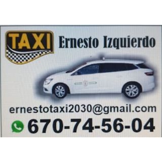Tarjeta de taxi con un coche blanco. Nombre: Ernesto Izquierdo. Correo electrónico y número de teléfono.