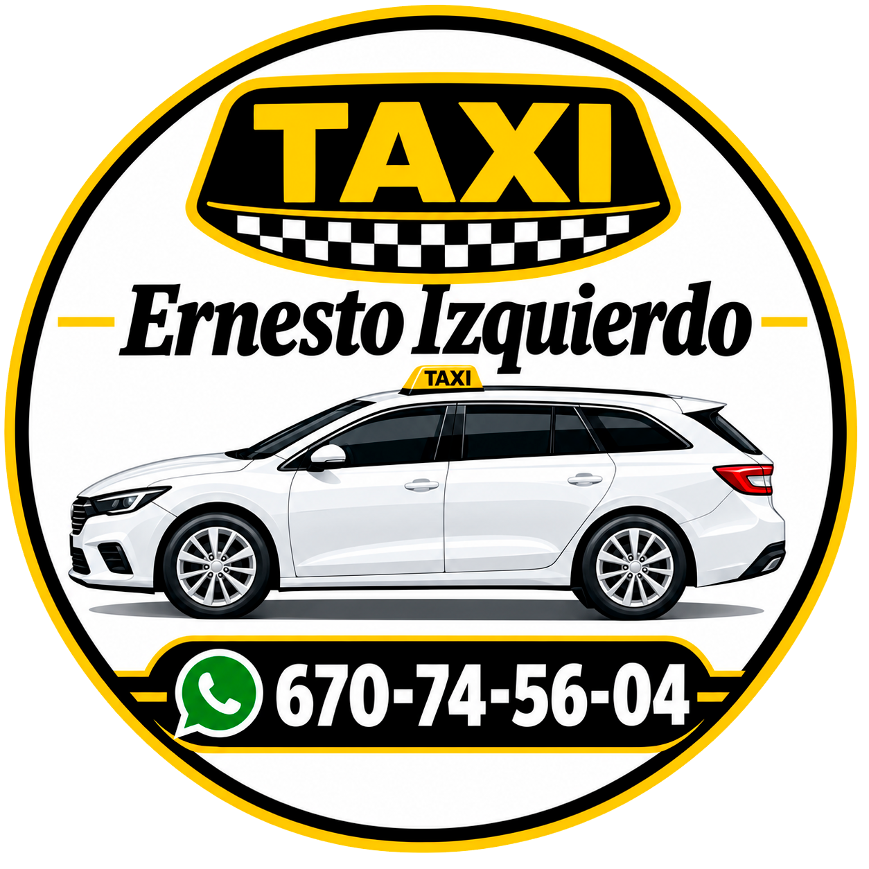Tarjeta de taxi con un coche blanco. Nombre: Ernesto Izquierdo. Correo electr&oacute;nico y n&uacute;mero de tel&eacute;fono.