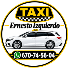 Tarjeta de taxi con un coche blanco. Nombre: Ernesto Izquierdo. Correo electr&oacute;nico y n&uacute;mero de tel&eacute;fono.