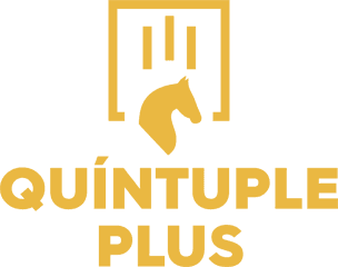 Logotipo dorado: silueta de cabeza de caballo, con tres líneas verticales y texto