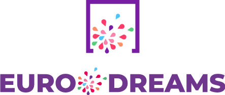 Logotipo de Euro Dreams: cuadrado morado que se abre hacia gotas de colores, texto