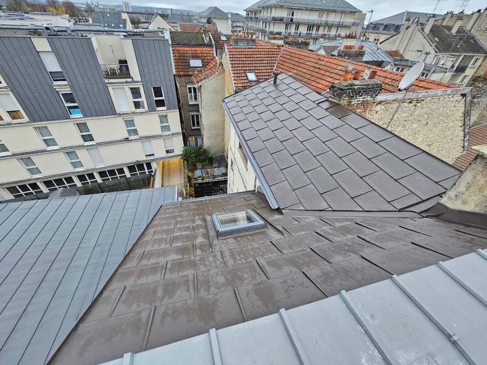 Vue depuis les toits d'immeubles urbains aux toitures de matériaux variés, notamment en métal et en tuiles. Ciel couvert.
