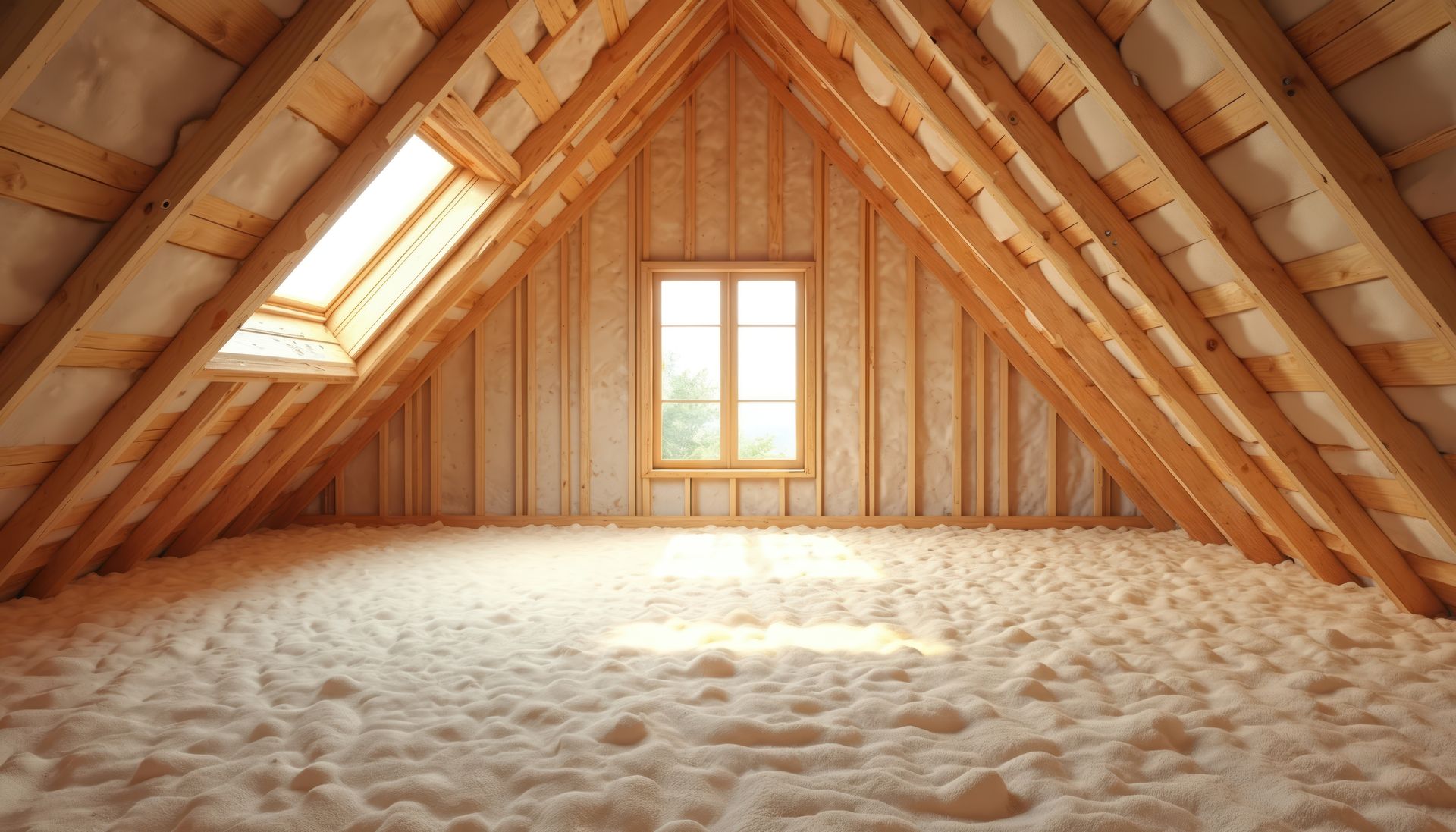 Grenier avec poutres en bois, puits de lumière, fenêtre et isolation des murs et du sol.