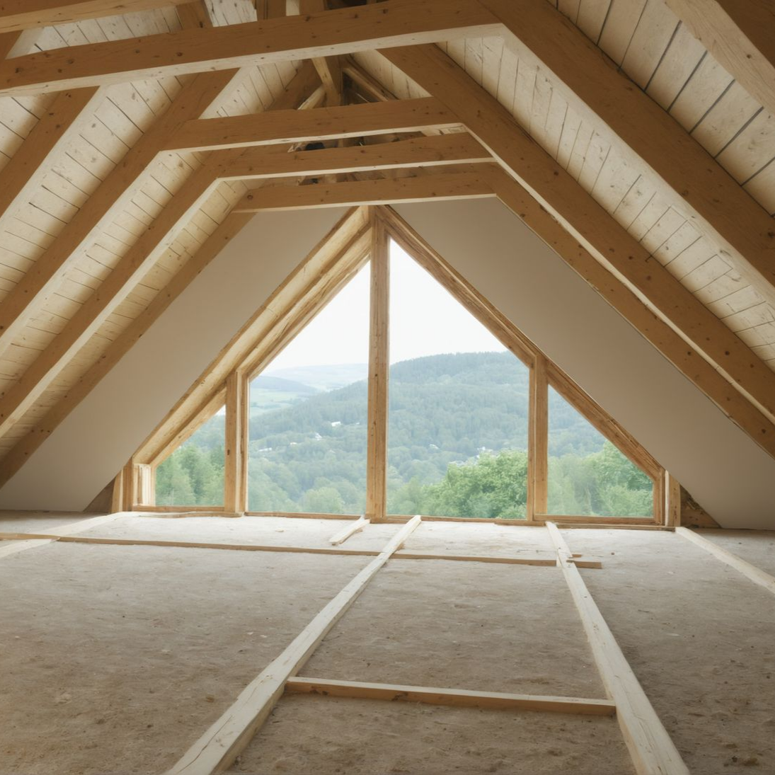 Intérieur d'un grenier inachevé avec poutres apparentes, grande fenêtre donnant sur un paysage verdoyant.