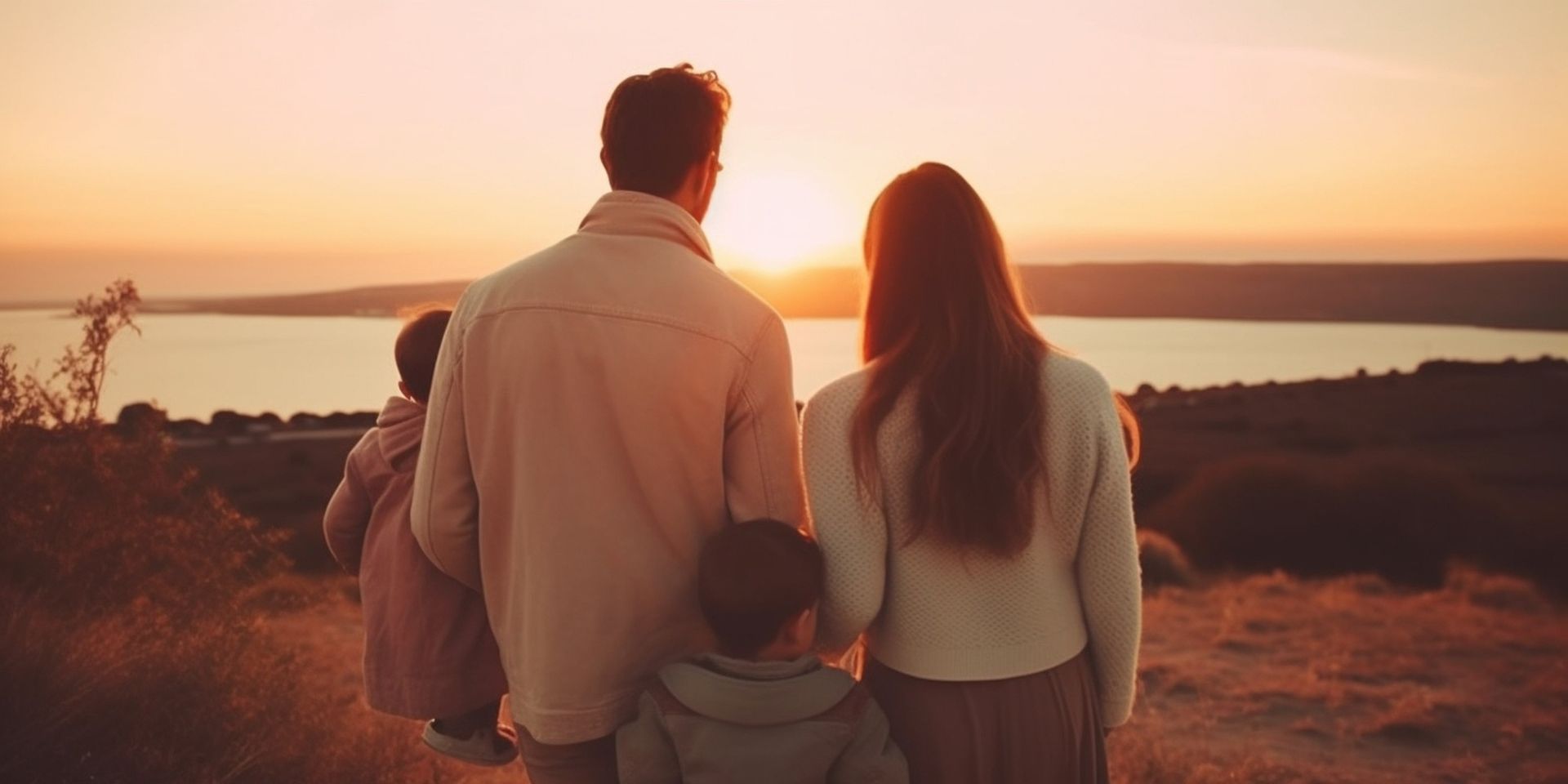 Una familia está parada en la cima de una colina mirando la puesta de sol sobre un lago.