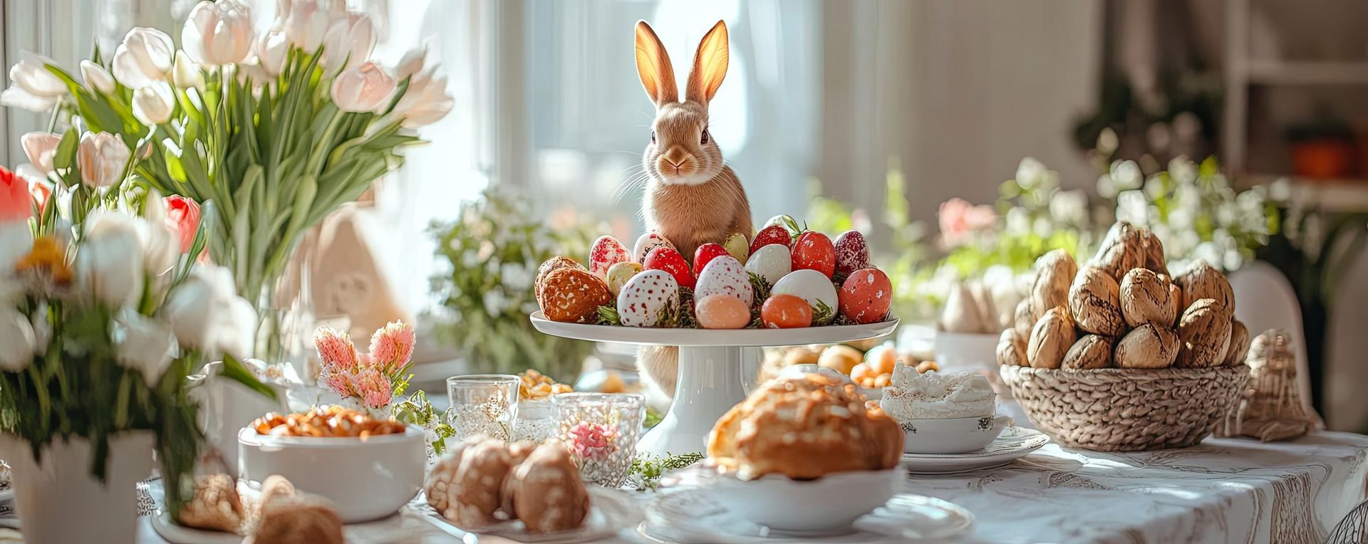 Décoration de table pour Pâques avec figurine de lapin, œufs décorés, pâtisseries et fleurs.