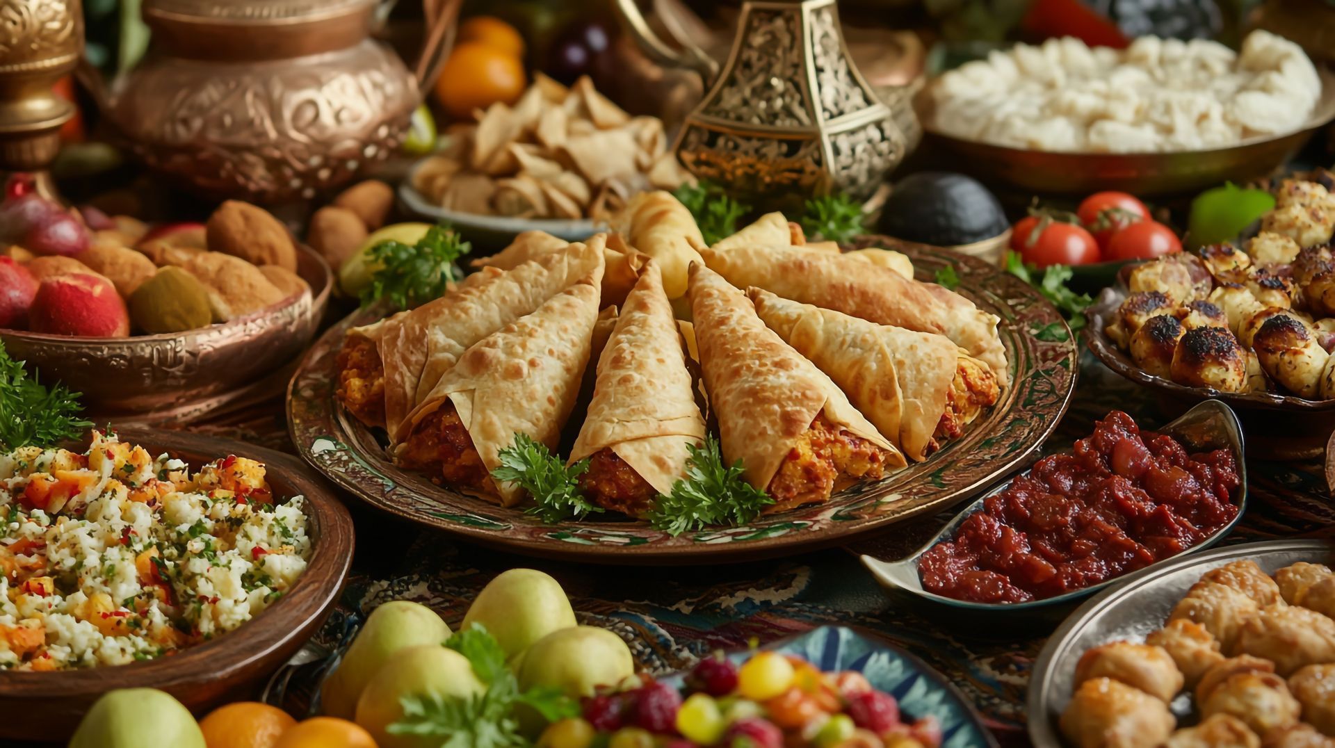Une table chargée de plats du Moyen-Orient : pâtisseries farcies, salades, fruits et viandes.