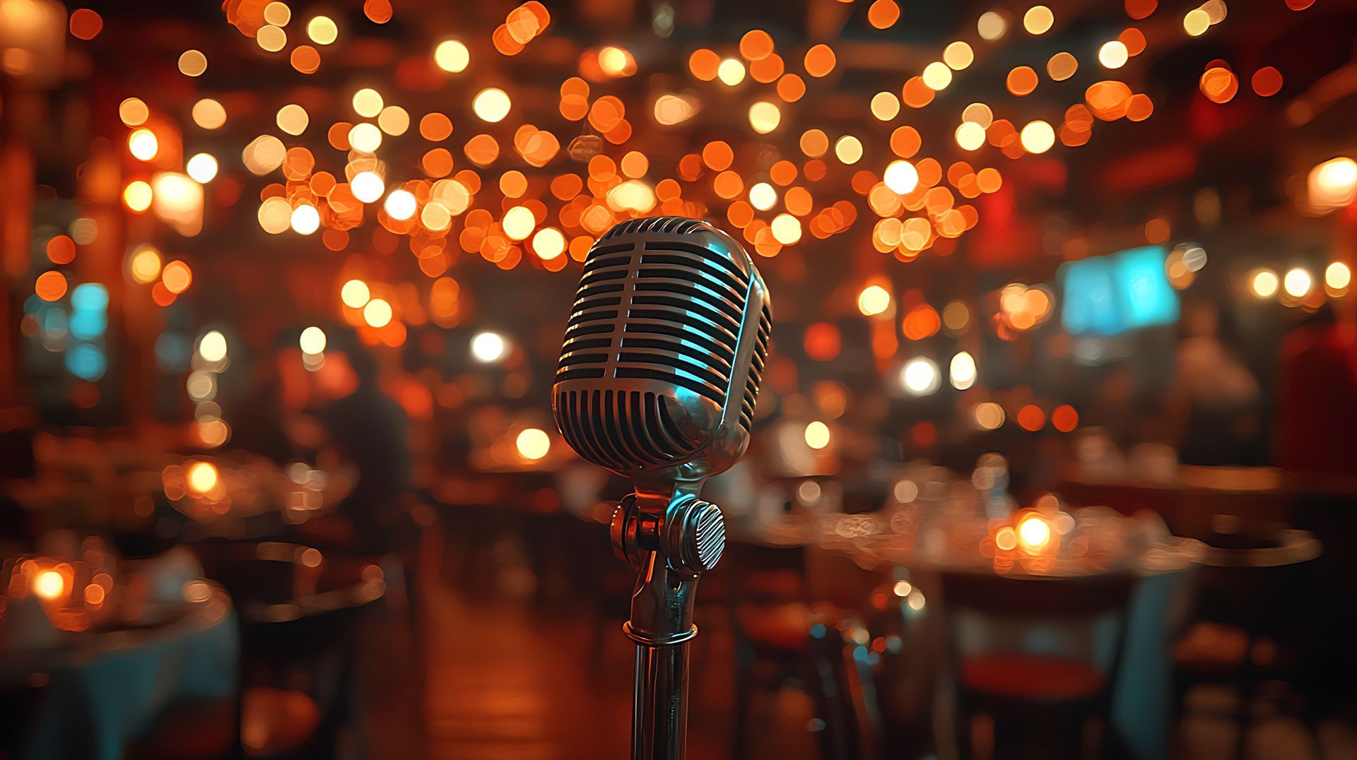 Microphone vintage dans un club faiblement éclairé, avec un arrière-plan flou composé de tables, de personnes et de lumières chaudes.
