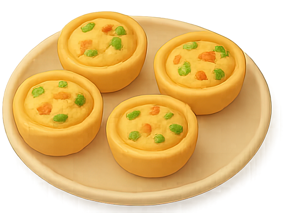 Quatre petits gâteaux jaunes en forme de muffin, accompagnés de légumes colorés, présentés dans une assiette beige.