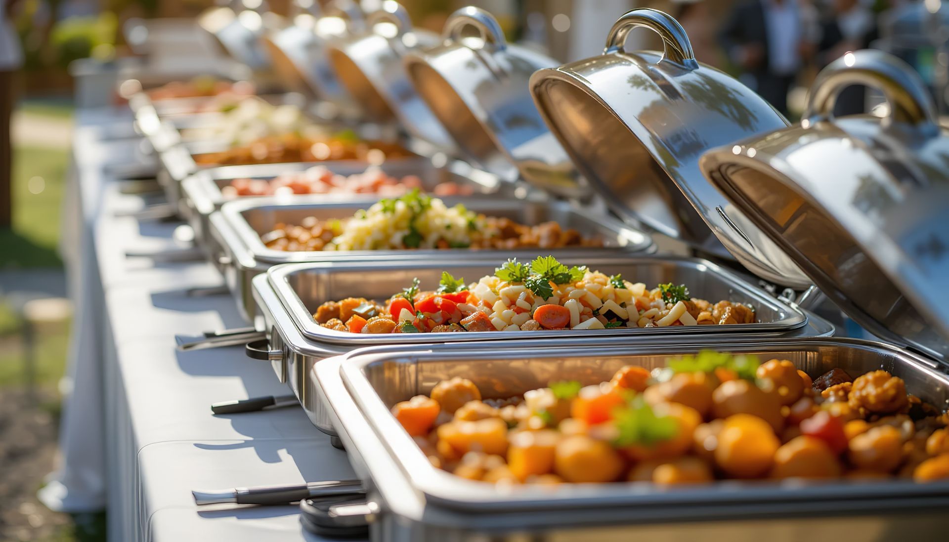 Buffet avec plusieurs récipients métalliques contenant chacun des plats différents.