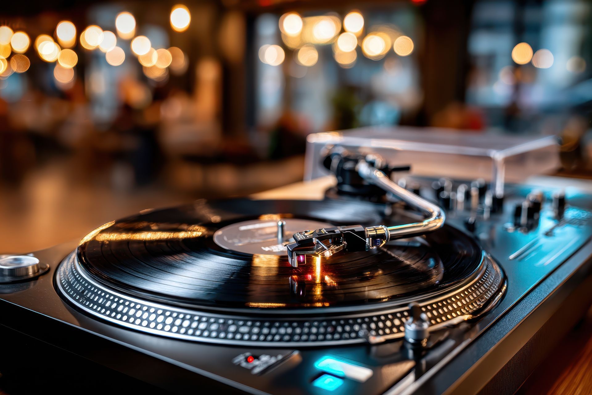 Une platine vinyle joue un disque dans une pièce faiblement éclairée par un effet bokeh.