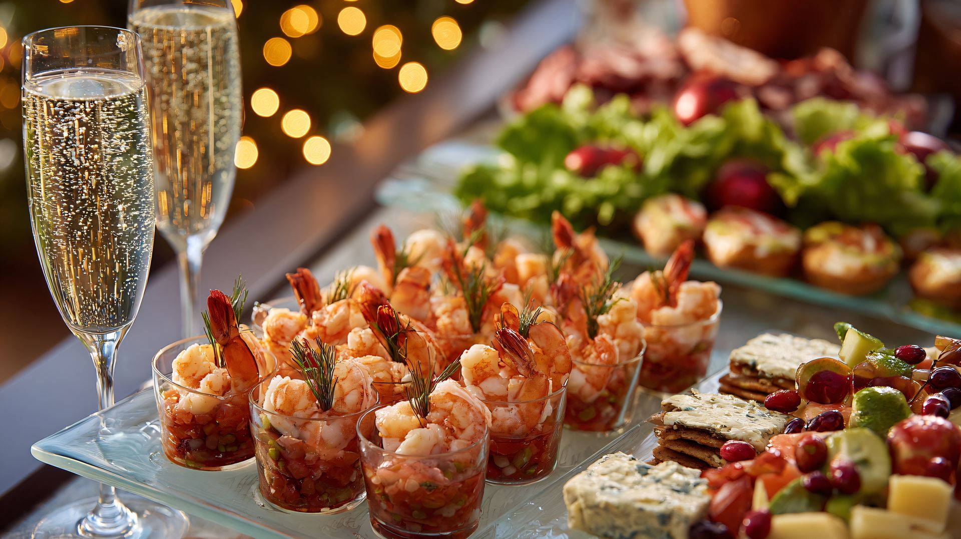Des flûtes à champagne à côté d'un plateau de crevettes, de crackers, de fromage, de fruits et de charcuterie, sur un fond de lumières floues.