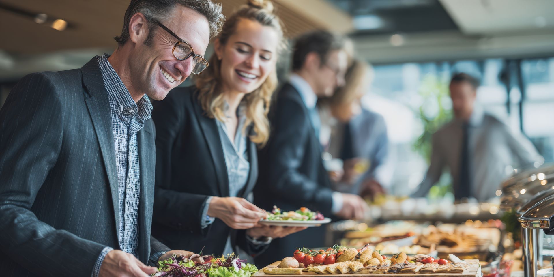 Des personnes devant un buffet. Un homme et une femme sourient en choisissant leurs plats. D'autres personnes sont floues en arrière-plan.