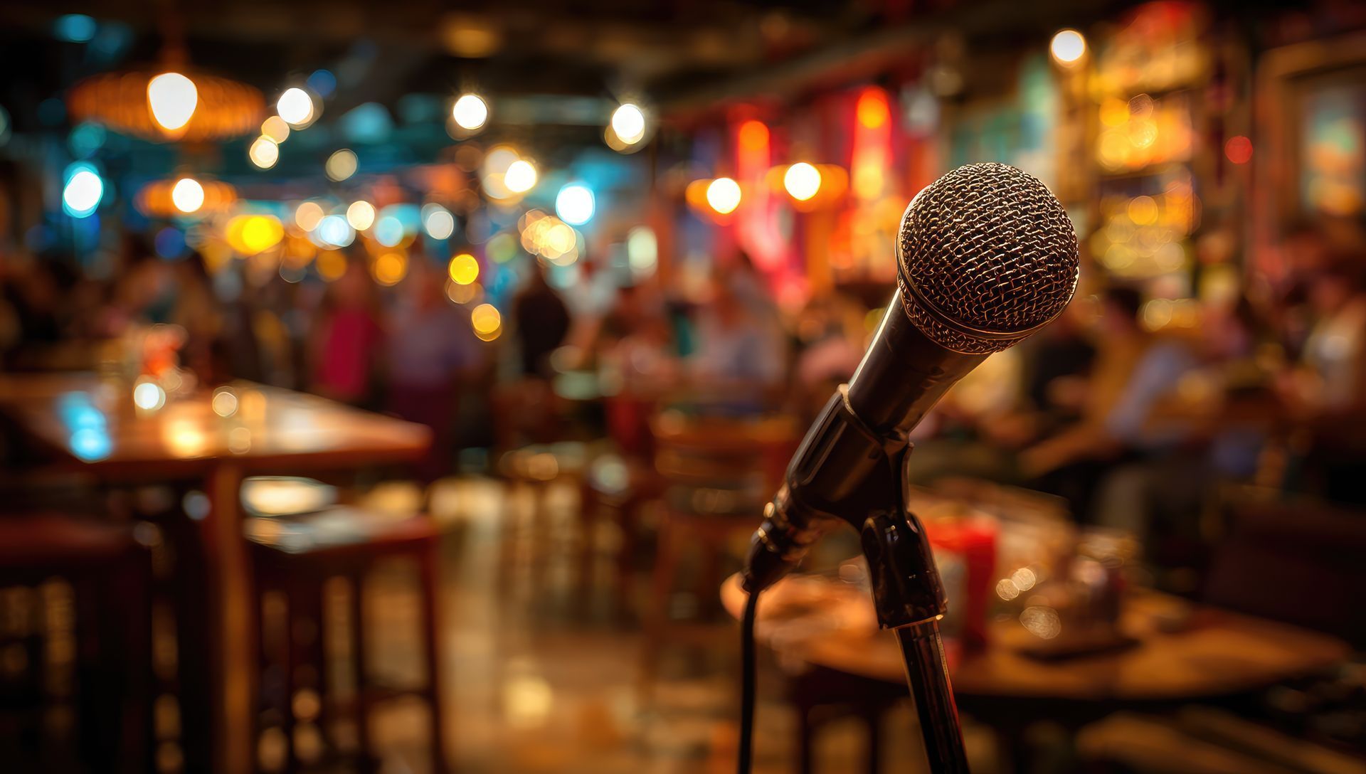 Microphone sur scène dans un bar faiblement éclairé, foule floue en arrière-plan, tables et chaises.