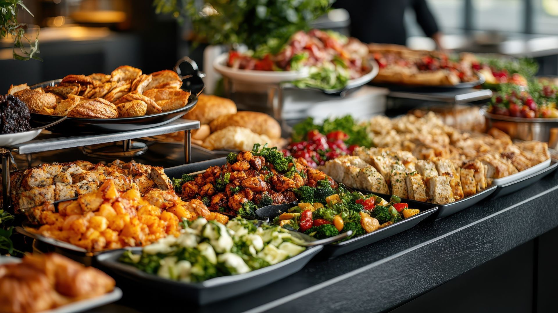 Un buffet garni de divers plats préparés, notamment des salades, du pain et des amuse-gueules.