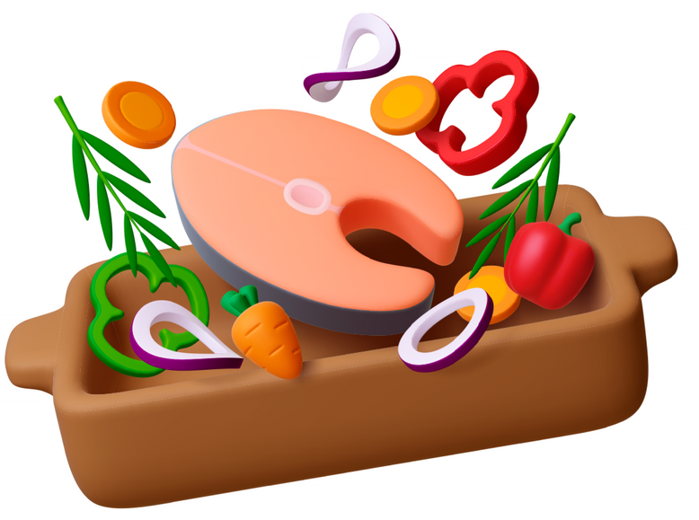 Steak de saumon cuit au four avec des légumes et des herbes colorées.