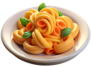 Pâtes avec une sauce orange, garnies de basilic, servies dans une assiette blanche.