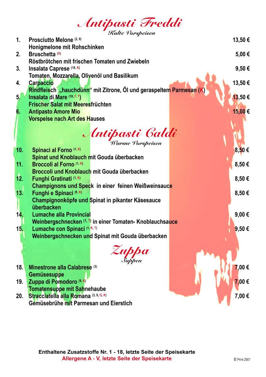 Speisekarte Restaurant amore mio