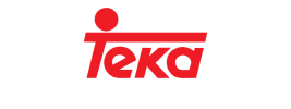 Logotipo rojo de Teka con una marca denominativa roja estilizada y un punto sobre la “i” sobre un fondo blanco.