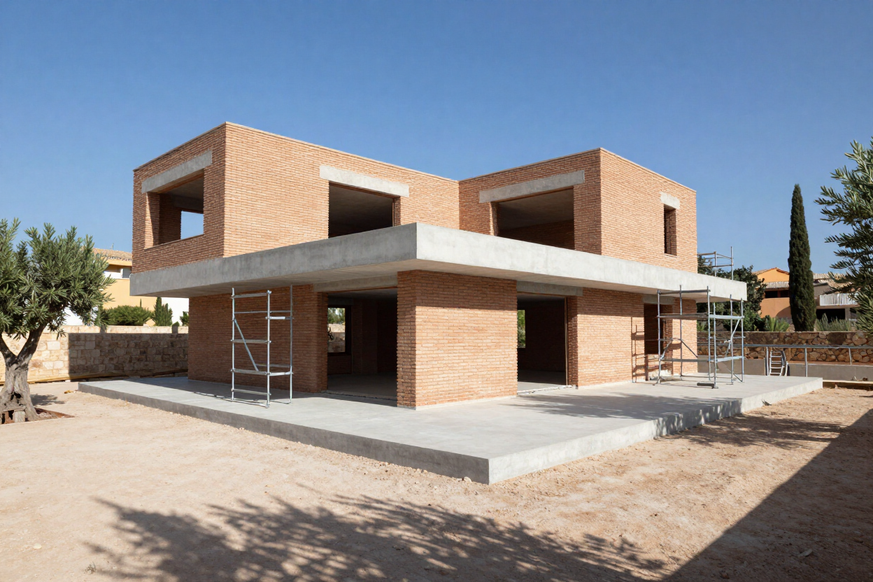 Casa moderna de dos plantas de ladrillo en construcción, con andamios y cimientos de hormigón en un patio soleado
